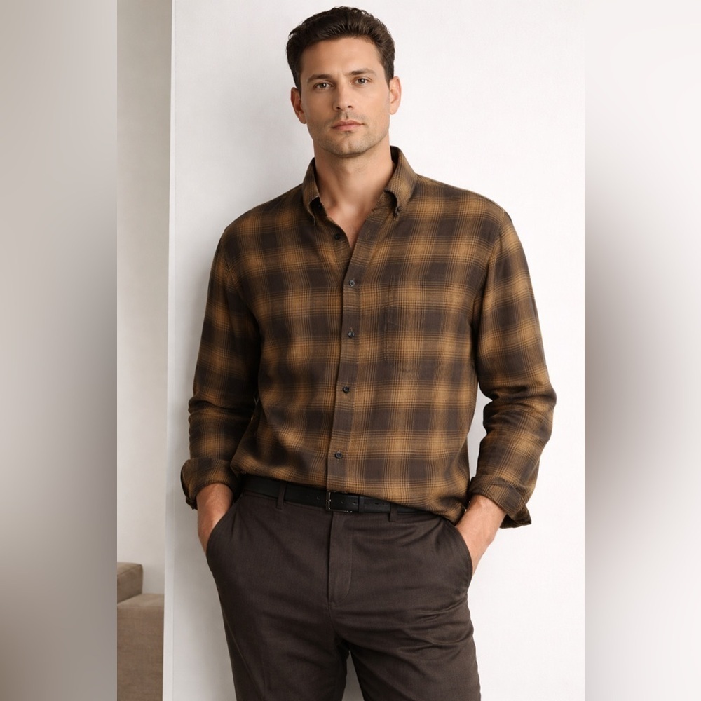 Vince Mens Shirt Sz Large Brown Button Down Contrast Plaid On Back Long Sleeve